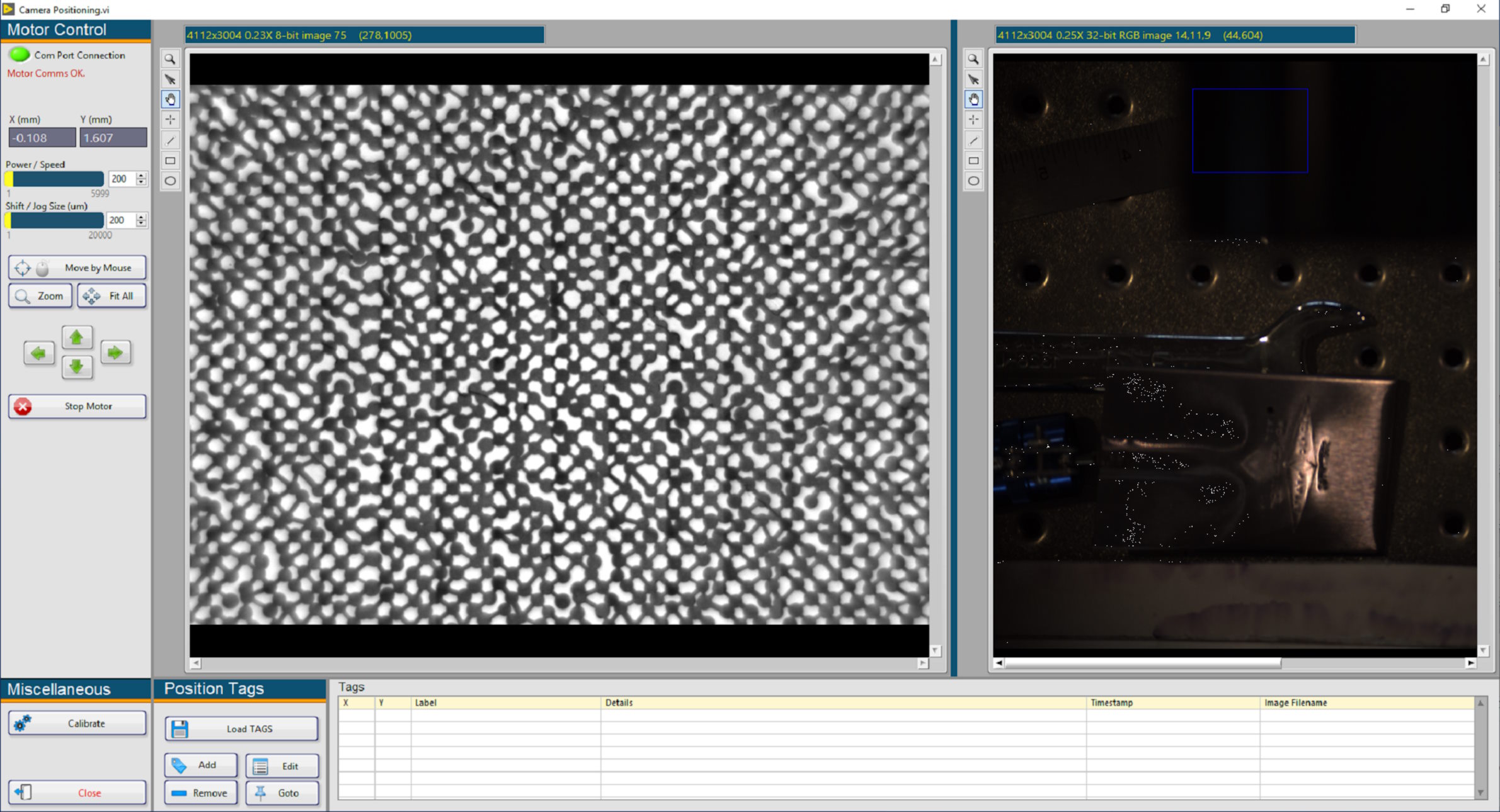 Vision camera control and positioning application with dual image panes